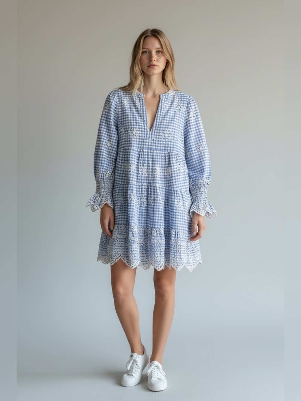 Sail to Sable STS Blue Gingham Embroidered Tiered Dress XS Cottagecore